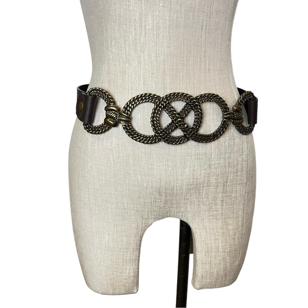 Chico’s Small/Medium Chain Loop Look Belt Leather Metal Detail Brown